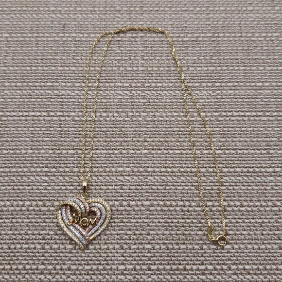 18 Inch Gold Plated Sterling Silver Cubic Zirconia Heart Mom Necklace A2555 - Picture 1 of 8